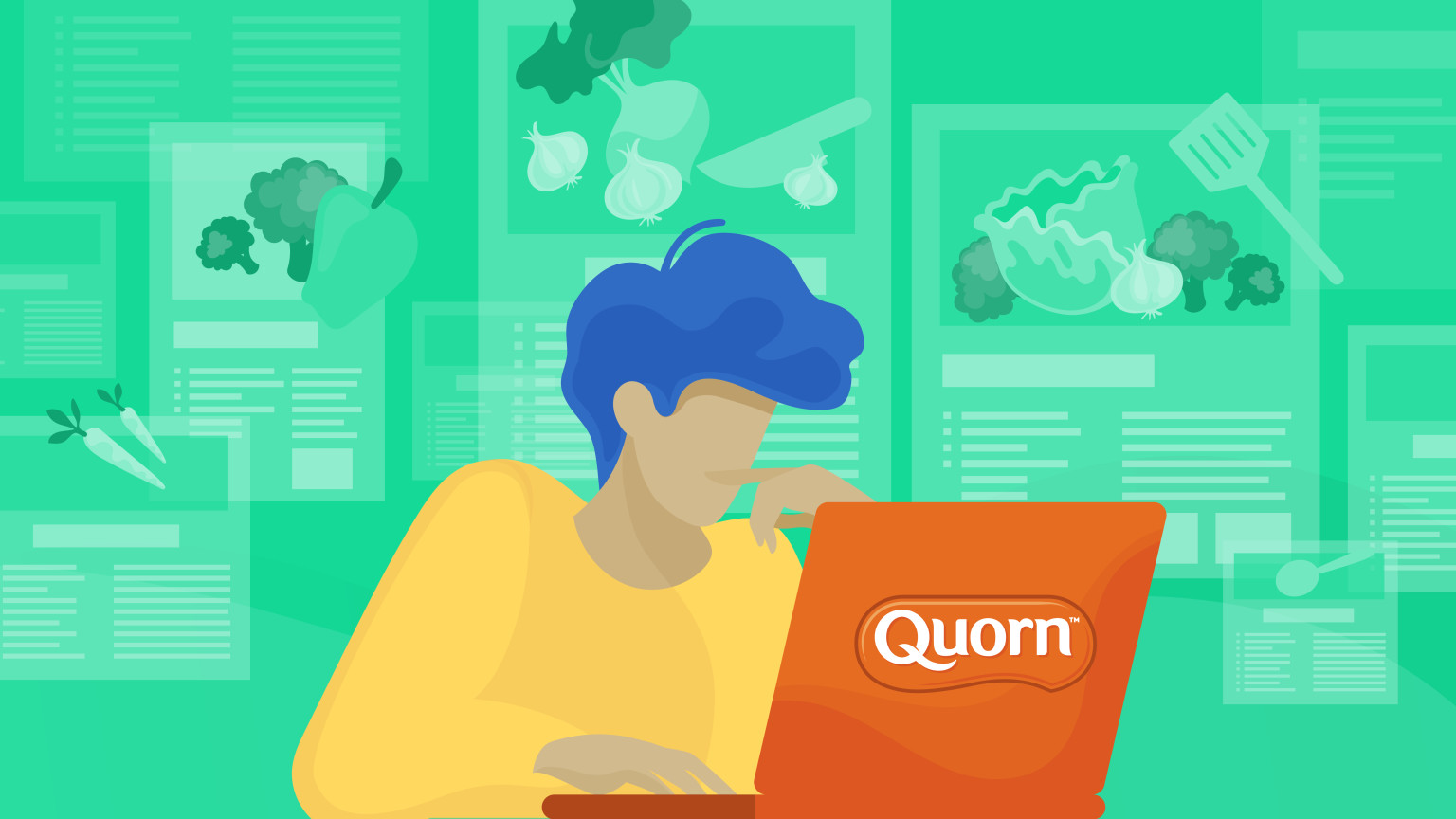 Illustration of person at a computer with Quorn illustrations behind the individual.