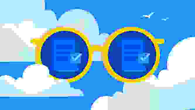 Illustrated image of sunglasses floating in the air, reflecting a text content type 
