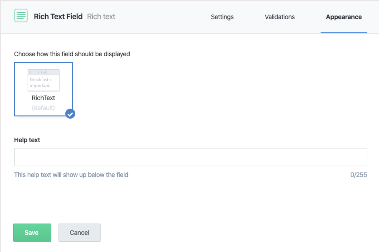 Screenshot of the Contentful Rich Text Fields Appearance Tab