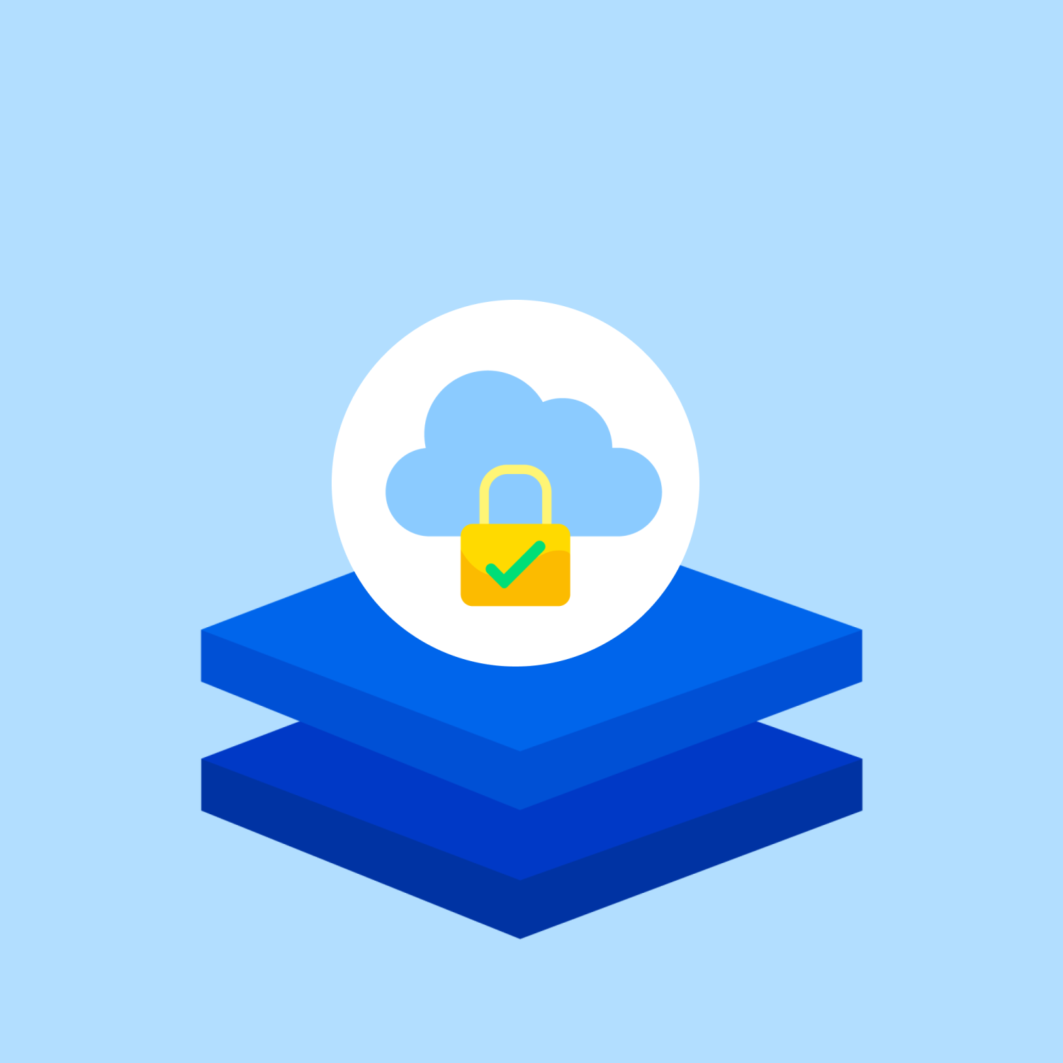 An illustration showing cloud service icon atop a layered tech stack