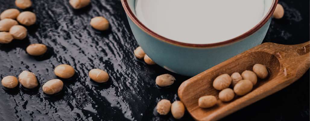 Soy beans on a table with a cup of Alpro soy milk