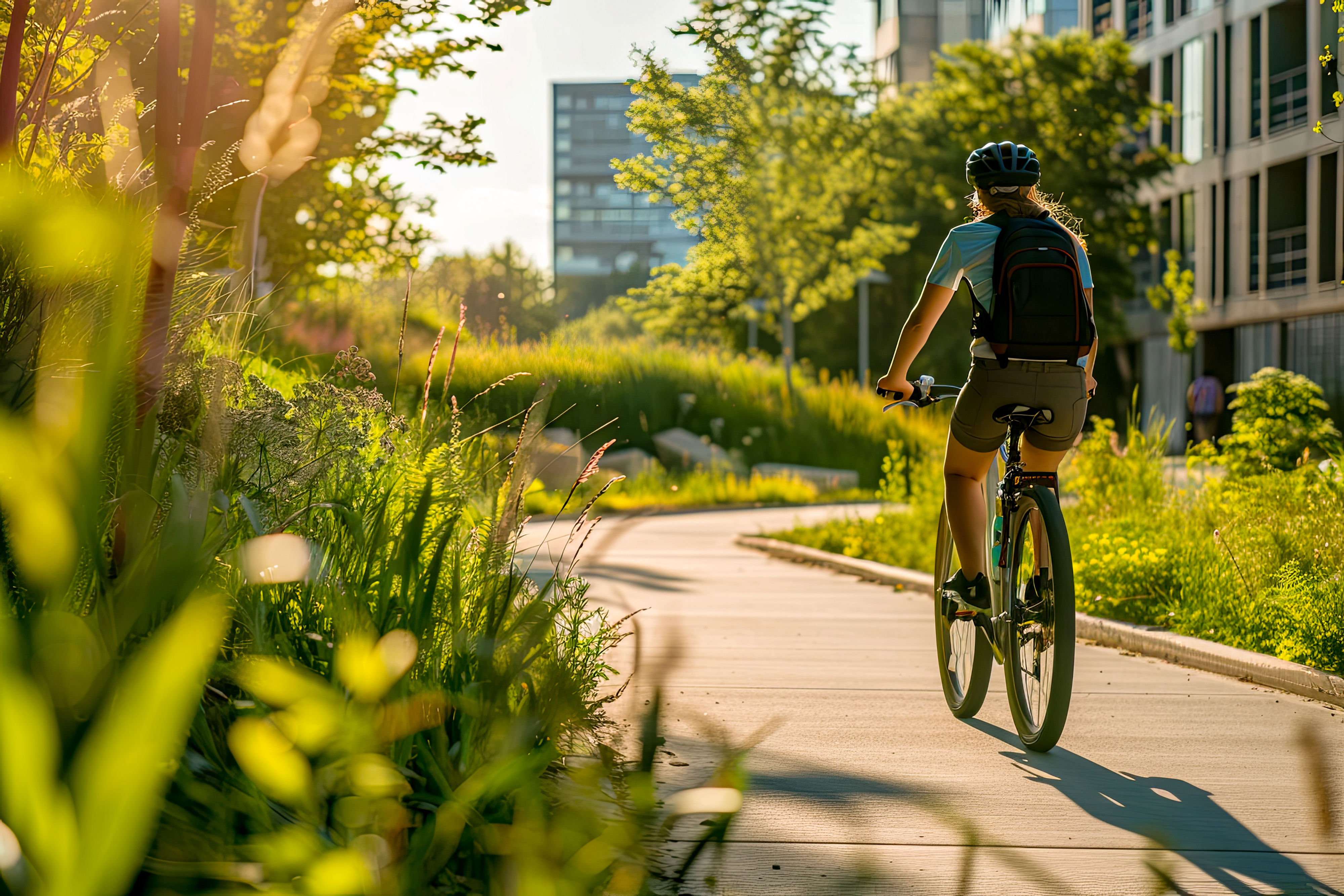 Eine Frau fährt mit dem Fahrrad, den Rücken zur Kamera, in sportlicher Kleidung und Helm auf einer sonnigen, begrünten Straße. Im Hintergrund sind moderne Bürogebäude zu sehen.