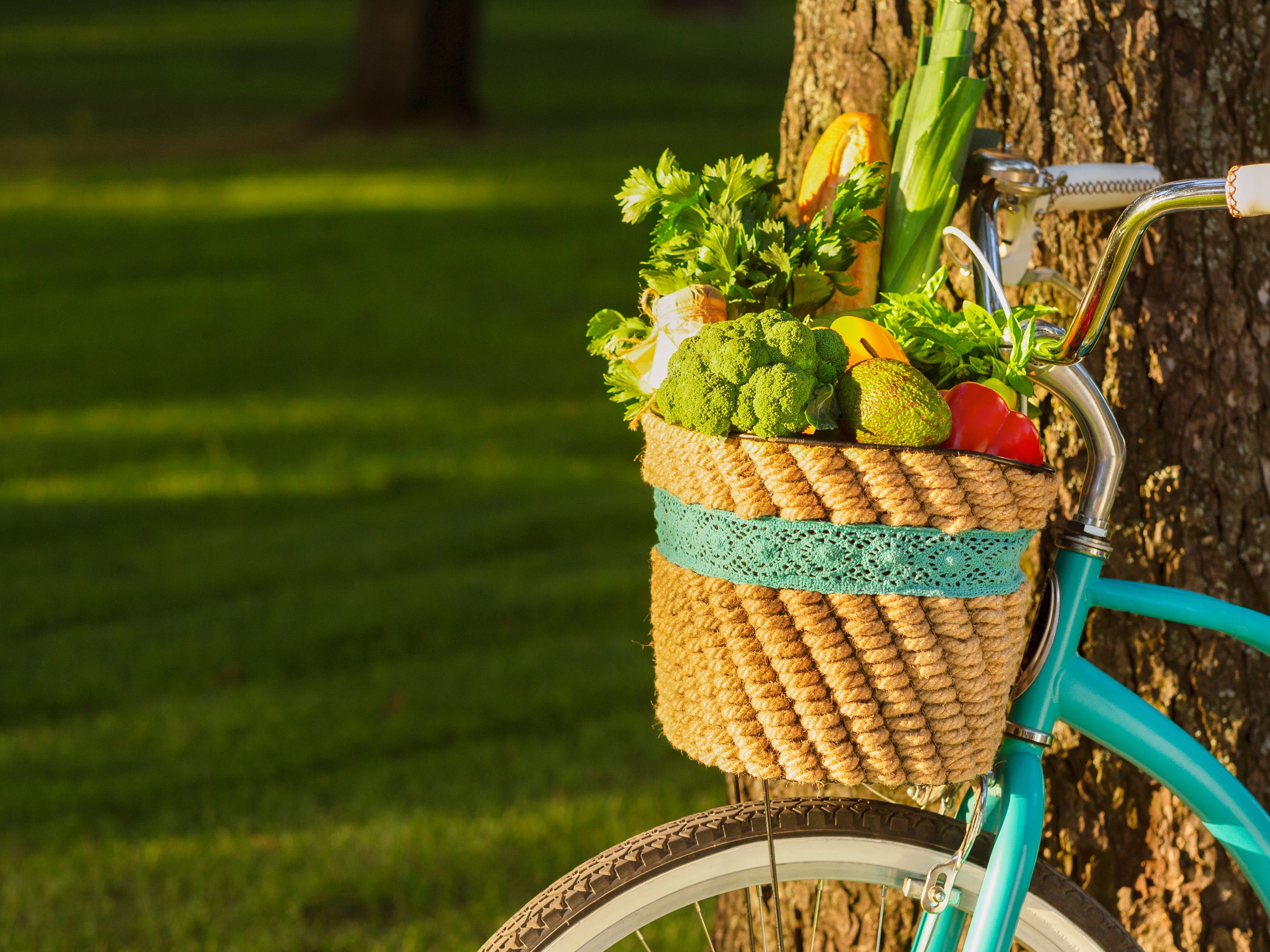 Fahrradkorb der mit gesundem Essen wie Obst und Gemüse gefüllt ist