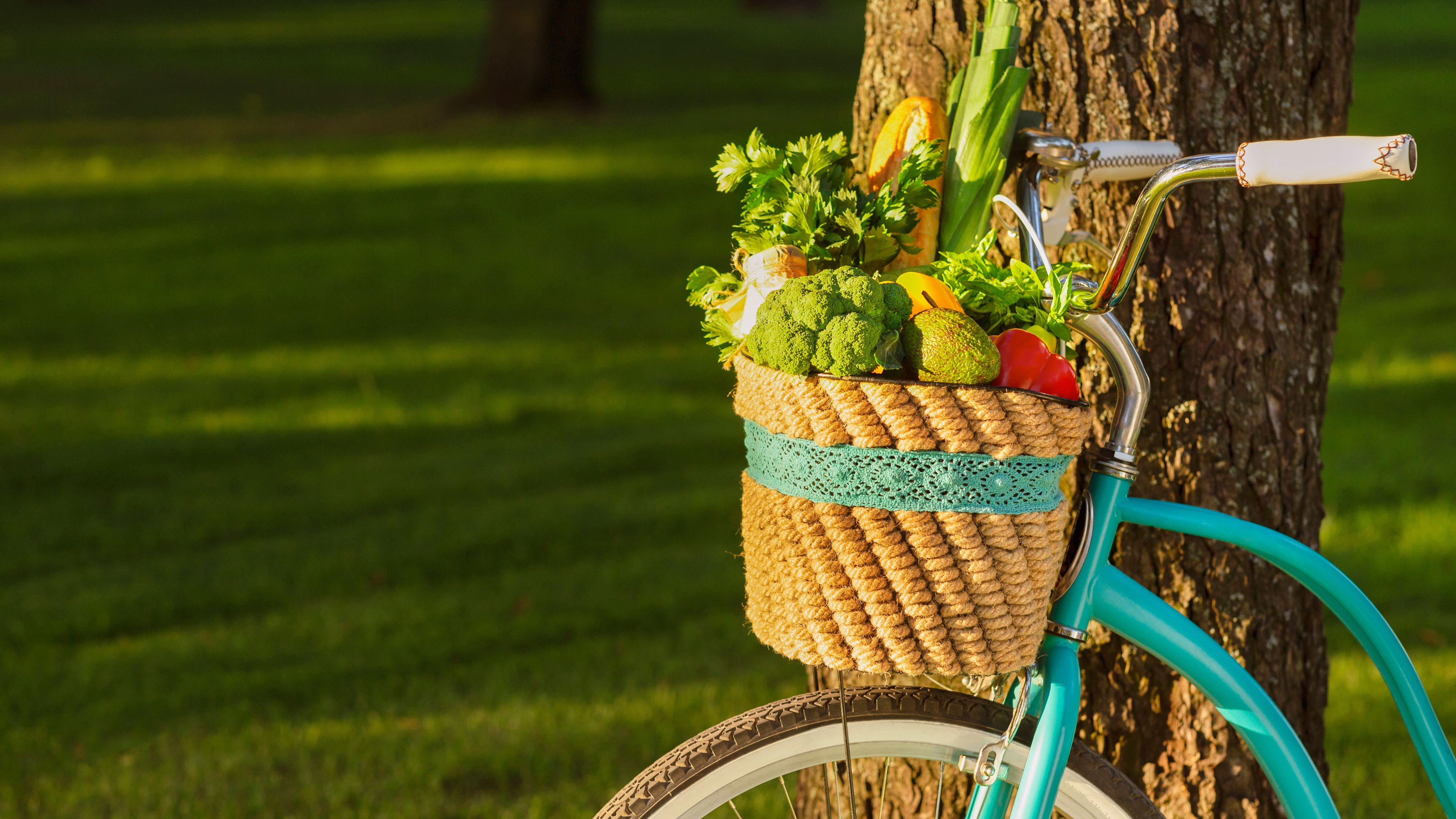 Fahrradkorb der mit gesundem Essen wie Obst und Gemüse gefüllt ist