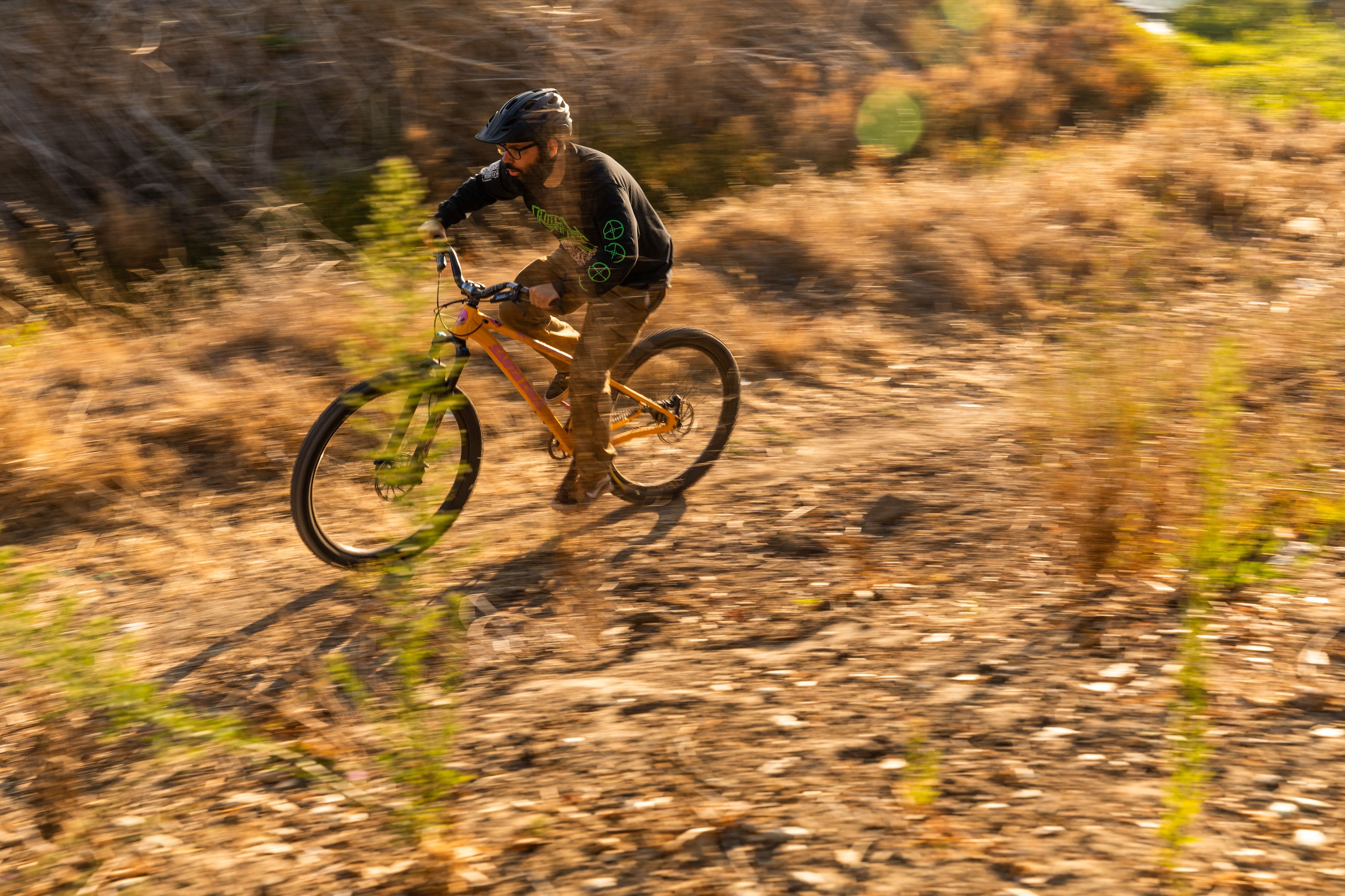 Fahrradfahrer der durch den Wald fährt