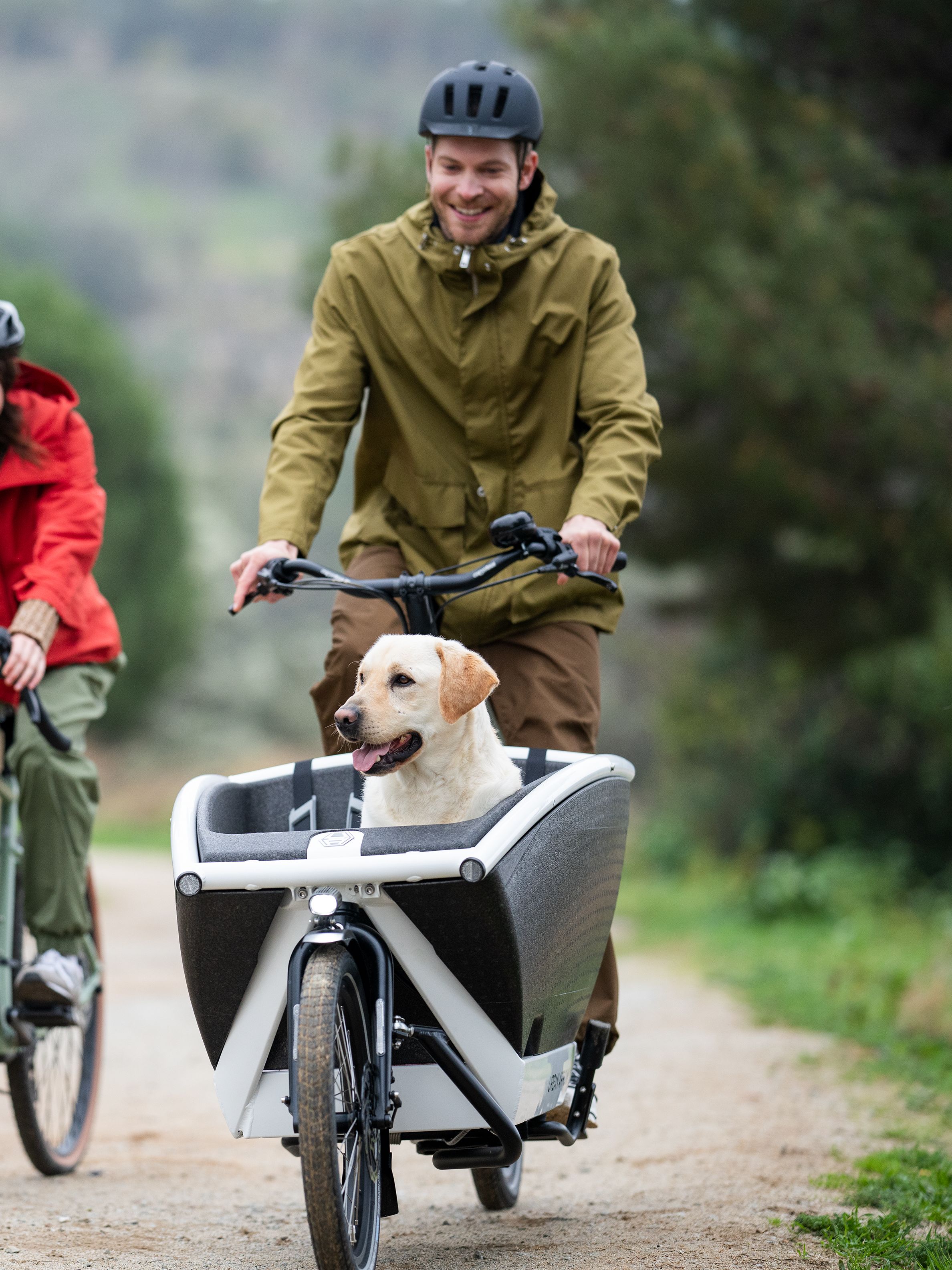 Zwei Menschen auf Fahrrädern. Lastenfahrrad mit Labrador im Anhänger.
