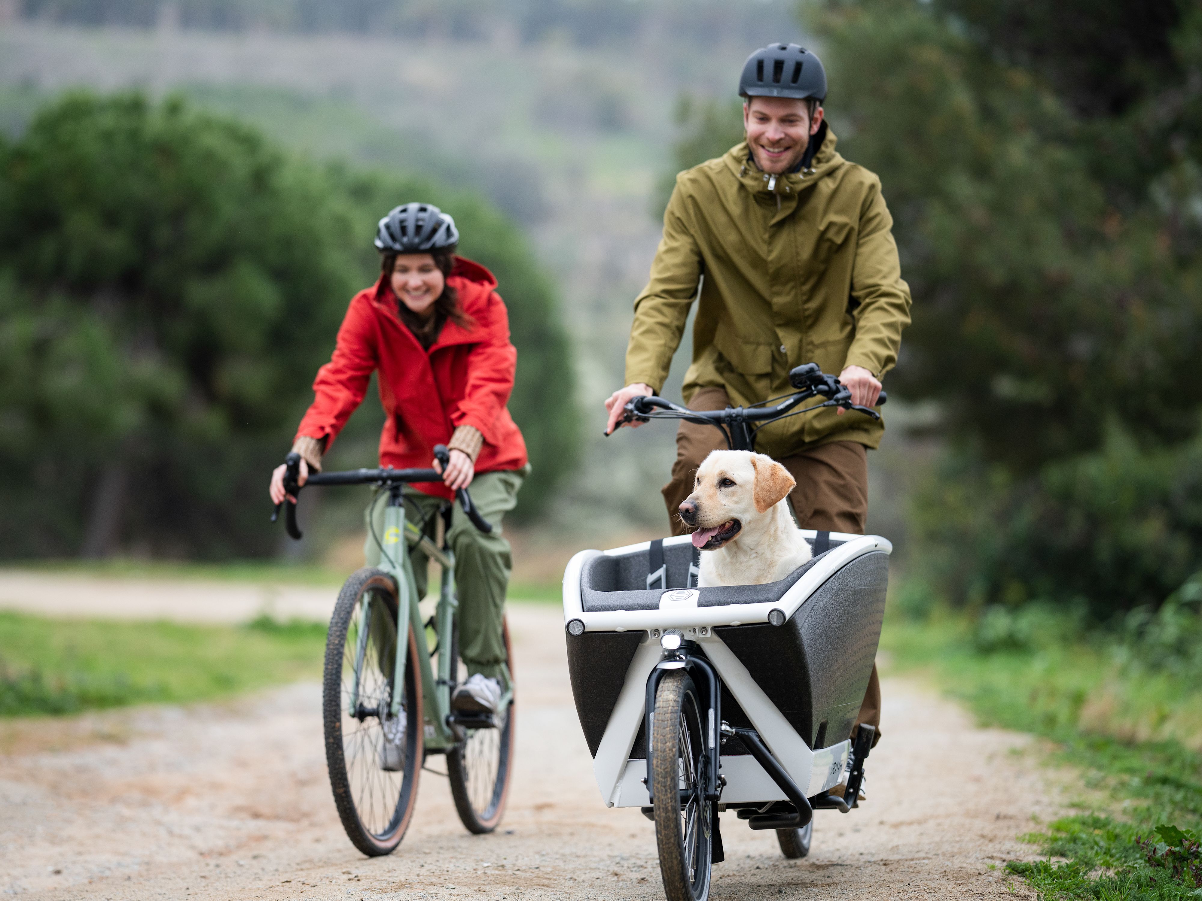 Zwei Menschen auf Fahrrädern. Aus dem Gepäckträger des einen Rades schaut ein Labrador heraus.