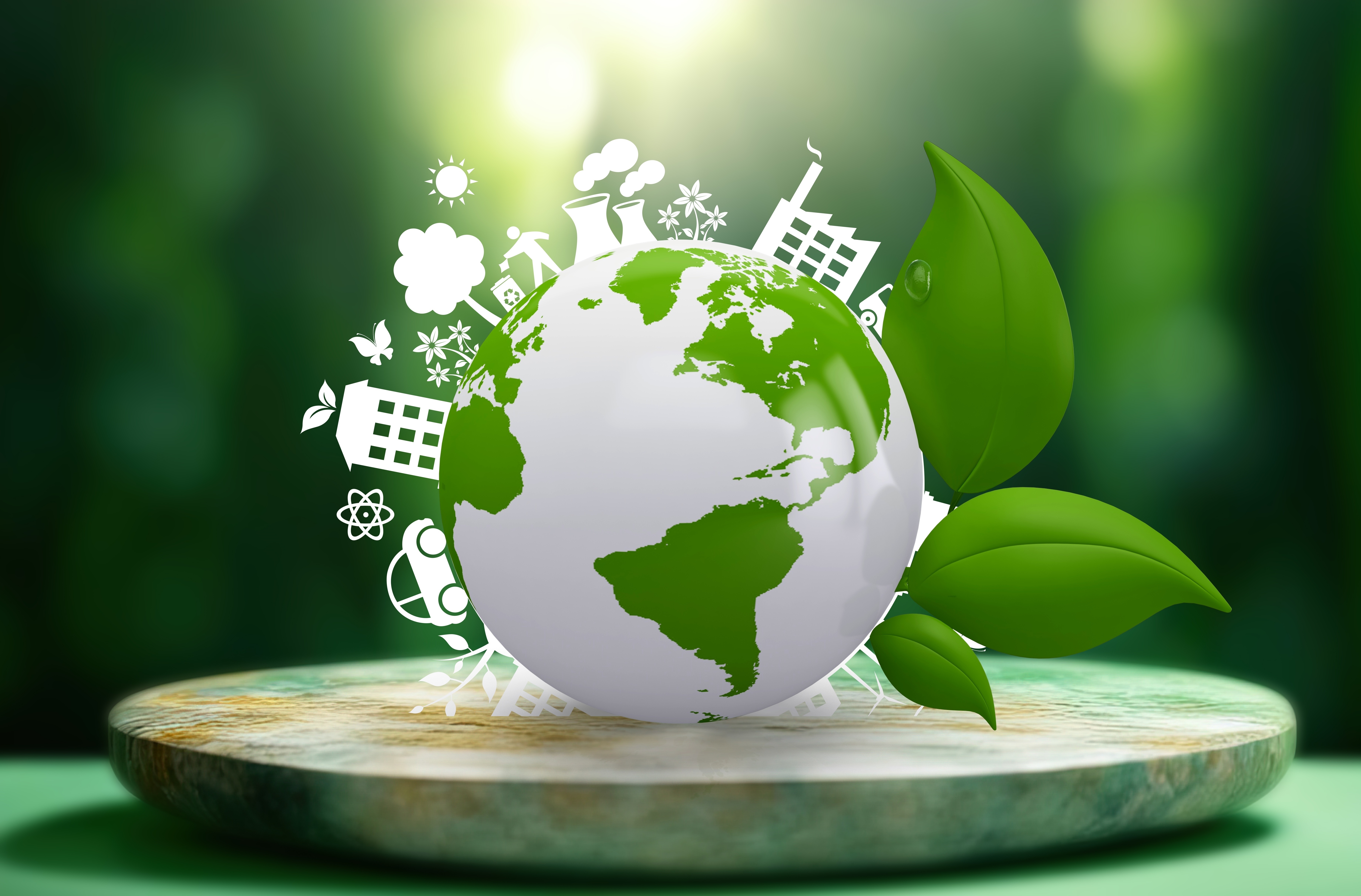 Grafische Darstellung der Erdkugel vor grünem Hintergrund, auf der sich Häuser, Bäume und Firmen befinden.