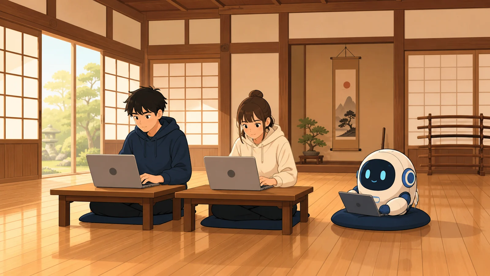 gaipack Dojo のコンセプトイラスト。道場で新卒エンジニアが AI エージェントとともに開発に取り組む様子