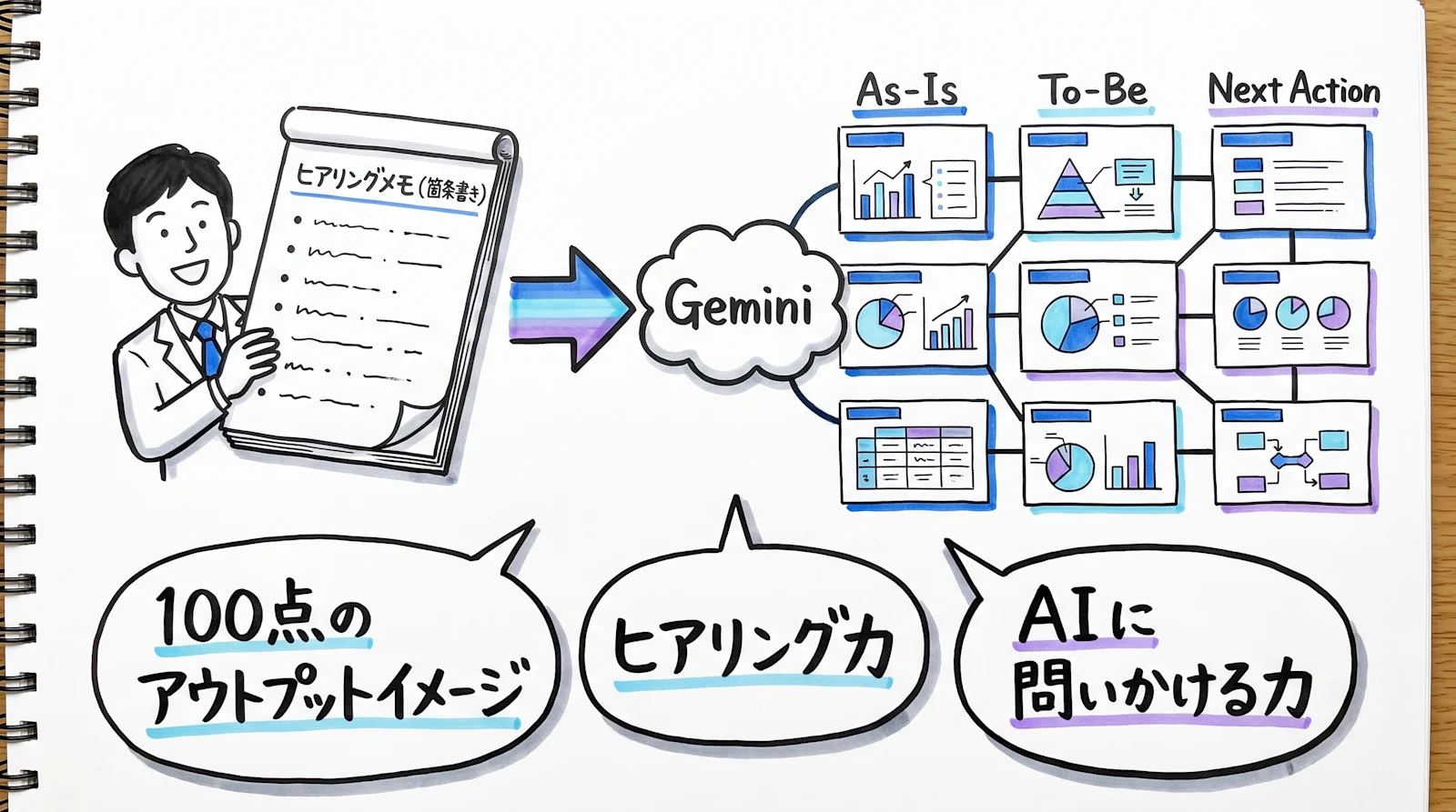 ヒアリングメモを Gemini に渡すと As-Is・To-Be・Next Action のスライドができる。人間に残るのは 100 点のアウトプットイメージ・ヒアリング力・AI に問いかける力