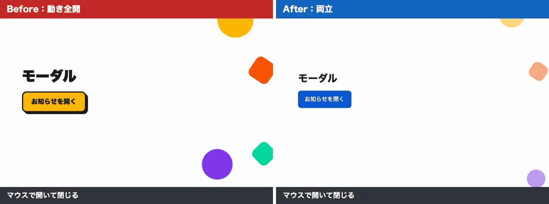 モーダルの比較。動き全開版は回転しながら飛び出すが、キーボードでは開けない。両立版は短く表示され、Tab と Enter で開いて Esc で閉じられる