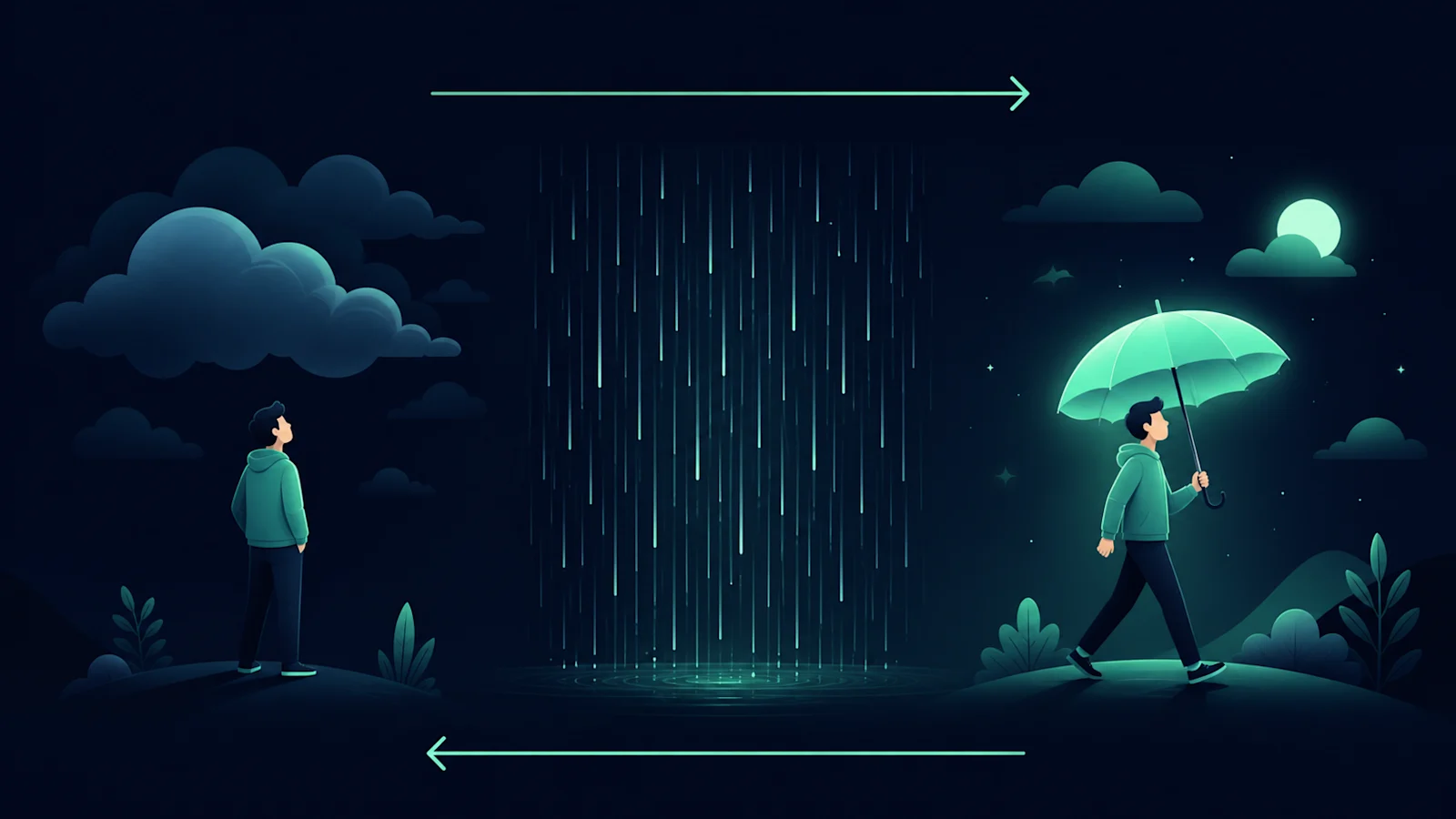 左から順に、曇り空を見上げる人、降り出した雨、傘を開いて歩き出す人。上下に逆向きの矢印が伸びており、この流れを逆順にもたどれることを示している