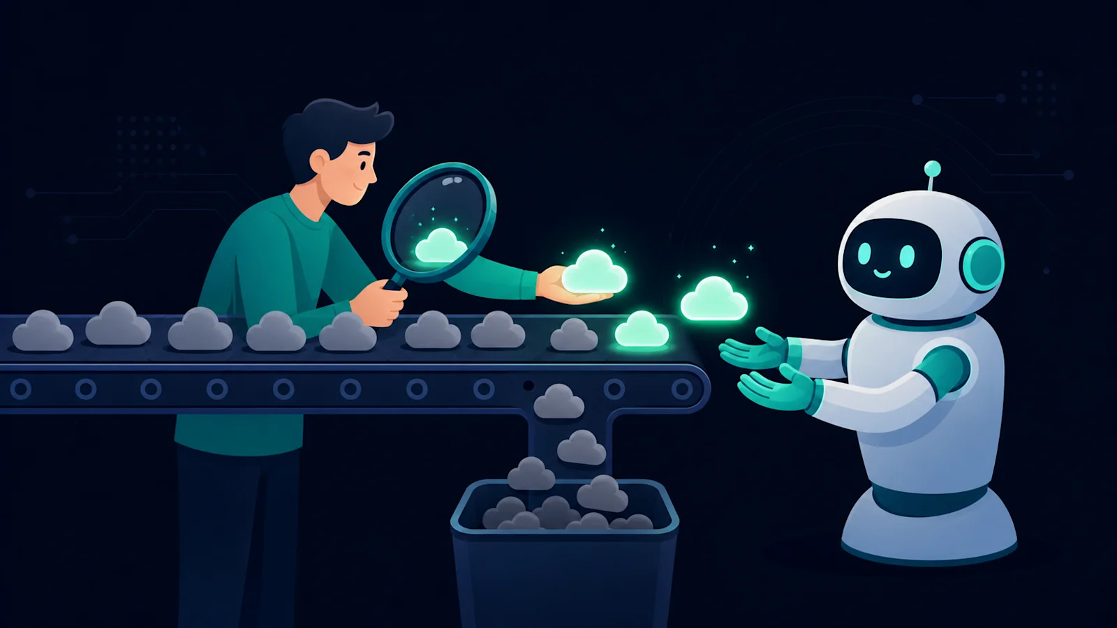 流れてくるたくさんの雲を虫めがねで検分する人。輝いている雲だけを選んでロボットに手渡し、くすんだ雲は下の箱に落ちていく