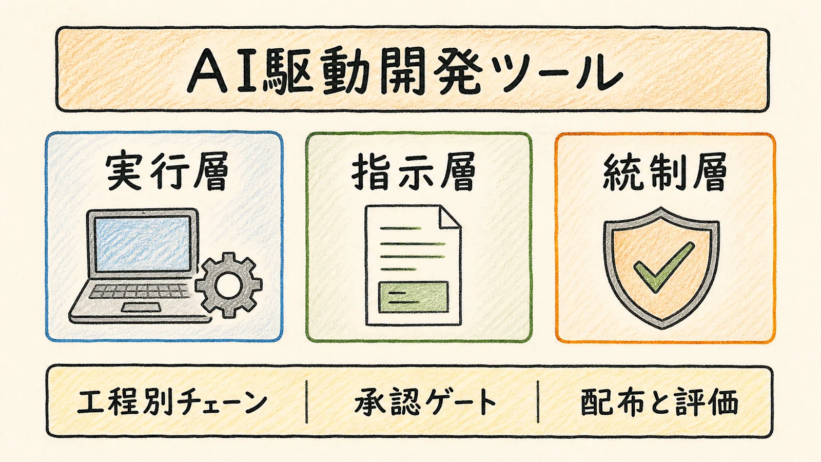 AI駆動開発ツールの3層構造と工程別チェーンをまとめた手描き風のグラフィックレコーディング
