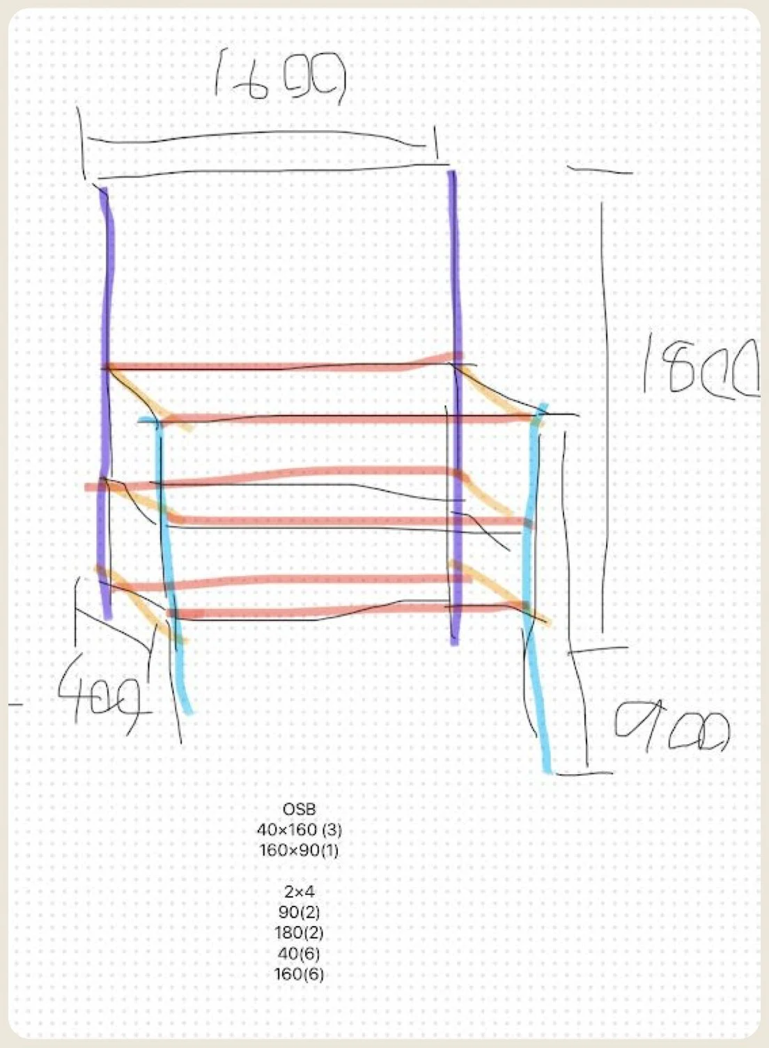 スマートフォンに手書きした棚のイメージ図と寸法