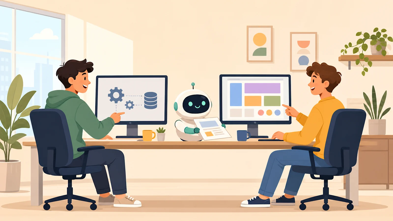 新卒エンジニア2名が役割分担しながら AI エージェントと開発を進めるイラスト