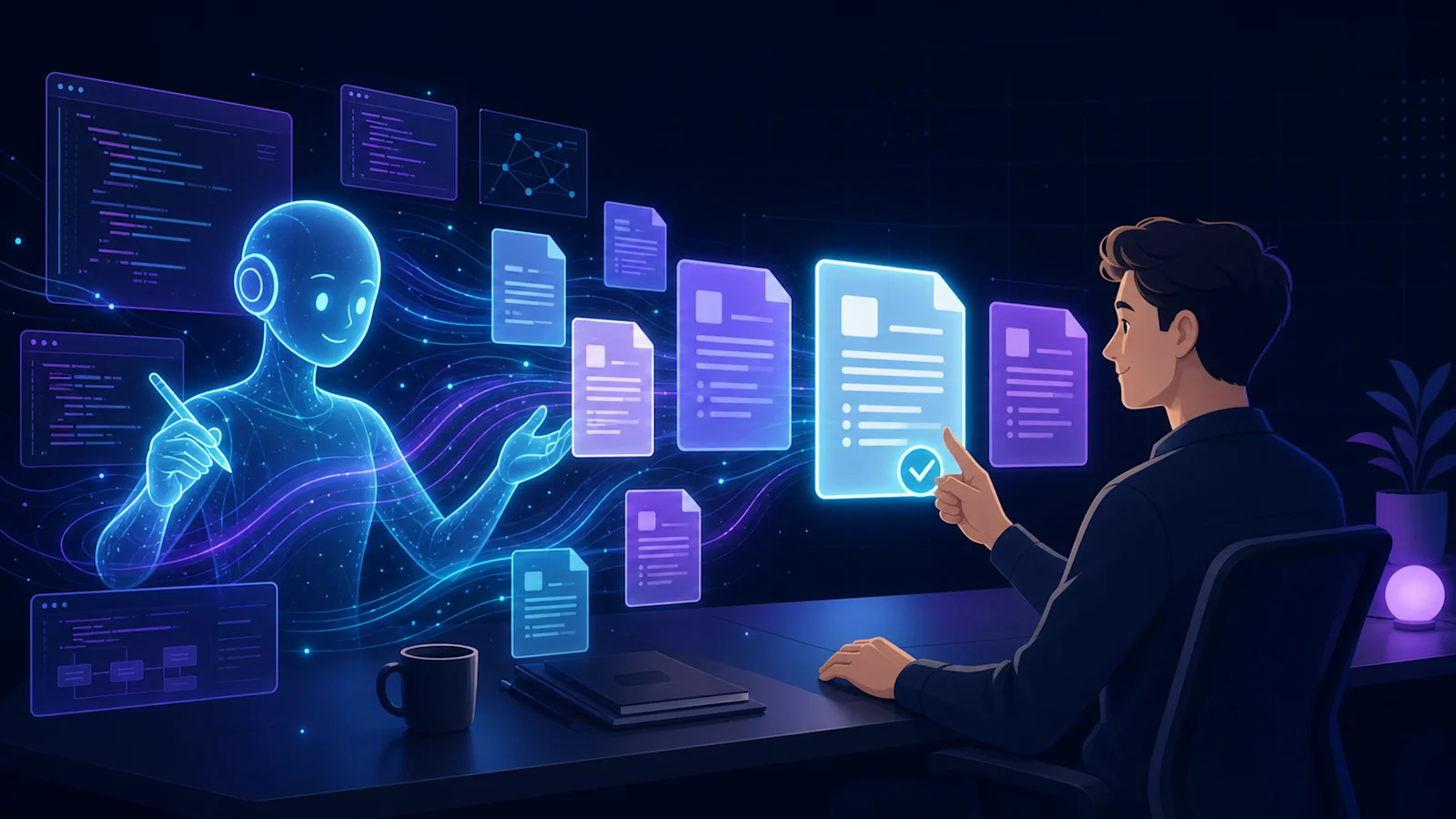 AI がドキュメントやコードのドラフトを次々と生成し、人間がレビューして承認する。AI駆動開発の役割分担のイメージ