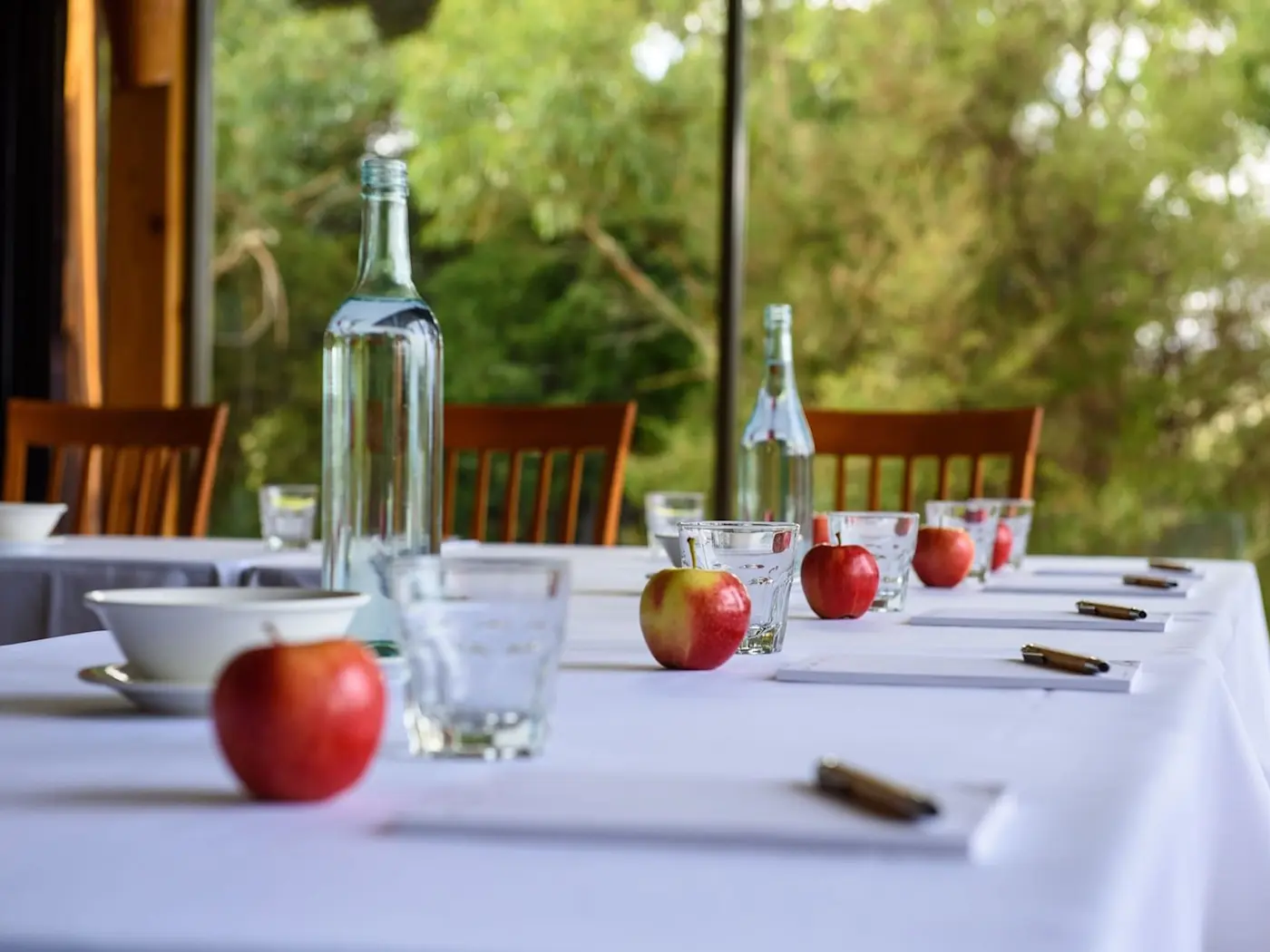 Apples and glasses in a meeting room table at Strahan Village