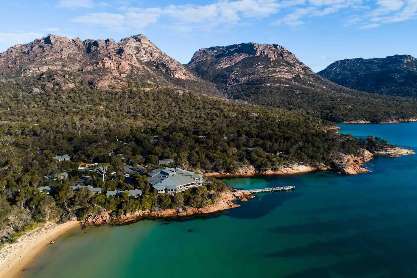 Aerial view of the hotel & National Park near Freycinet Lodge