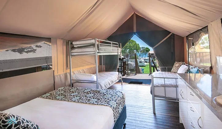 A inside of a glamping safari tent inside an Agnes Water holiday park