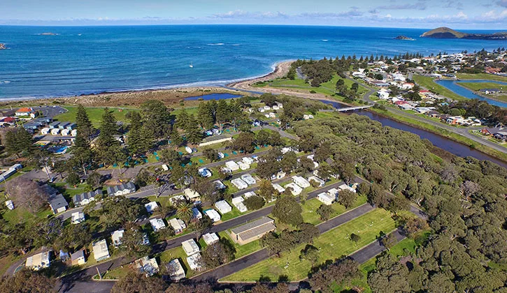 Aerial view of the holiday park and victor harbor town