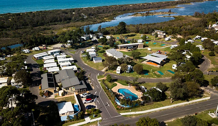 Aerial of the holiday park in East Gippsland