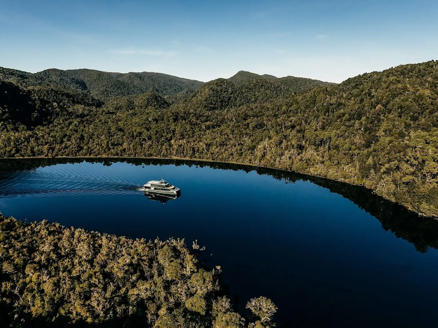 Spectacular Aerial shot of the lake near Gordon River Cruise