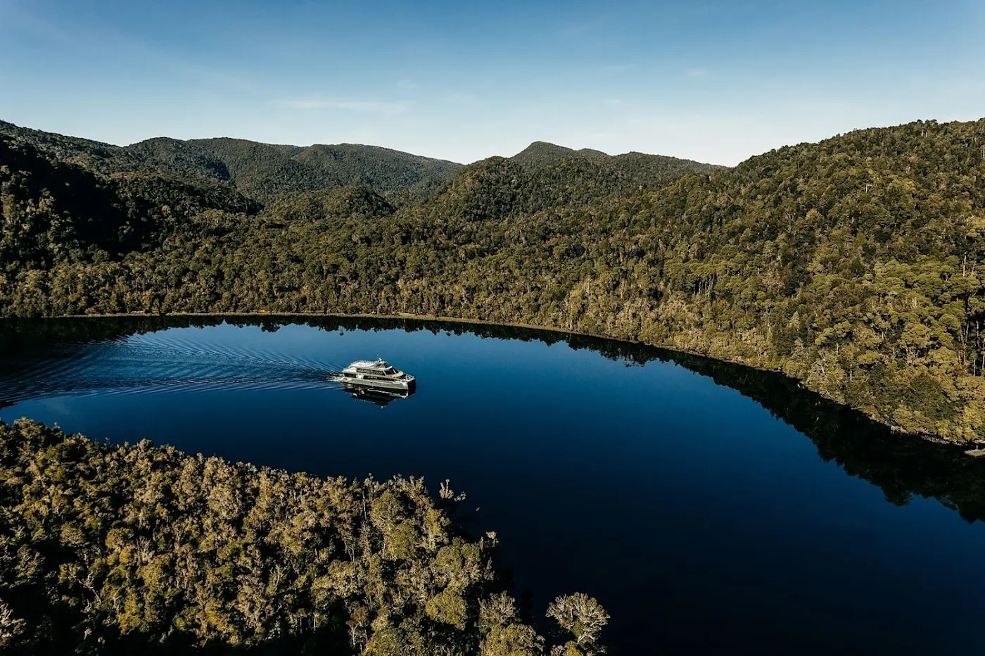 Spectacular Aerial shot of the lake near Gordon River Cruise