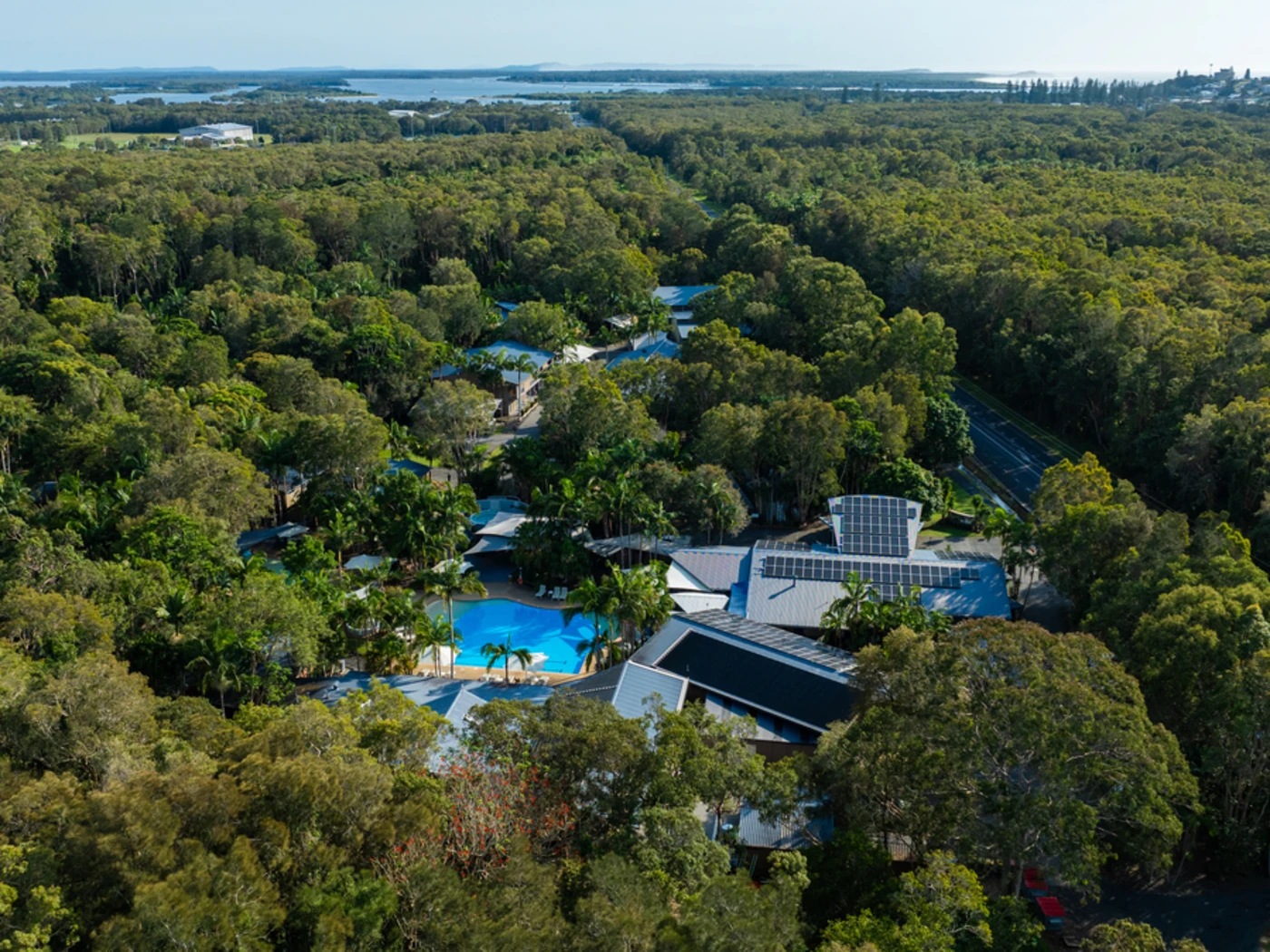 aerial photo of rainforest retreat, Angourie Resort Yamba