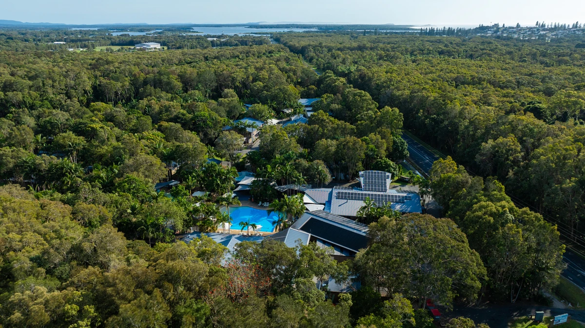 aerial photo of rainforest retreat, Angourie Resort Yamba