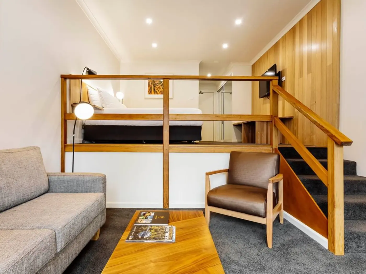 Living area in Split Level King Room at Cradle Mountain Hotel