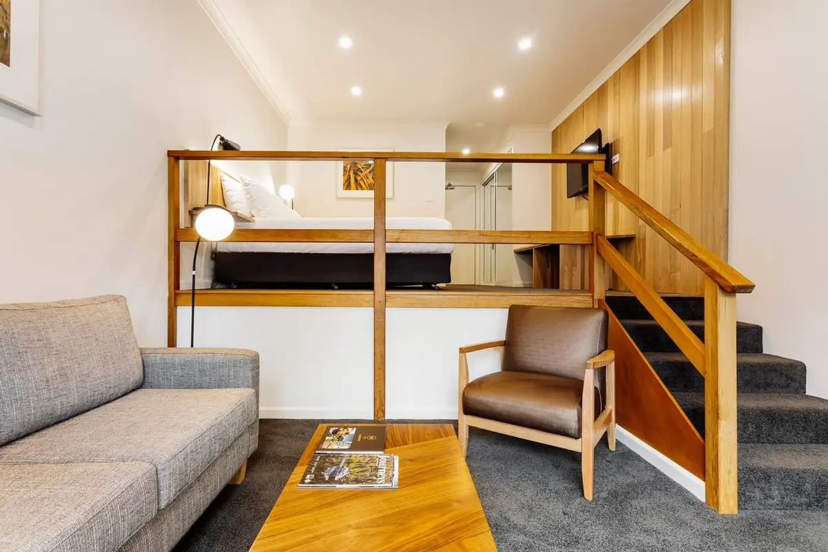 Living area in Split Level King Room at Cradle Mountain Hotel