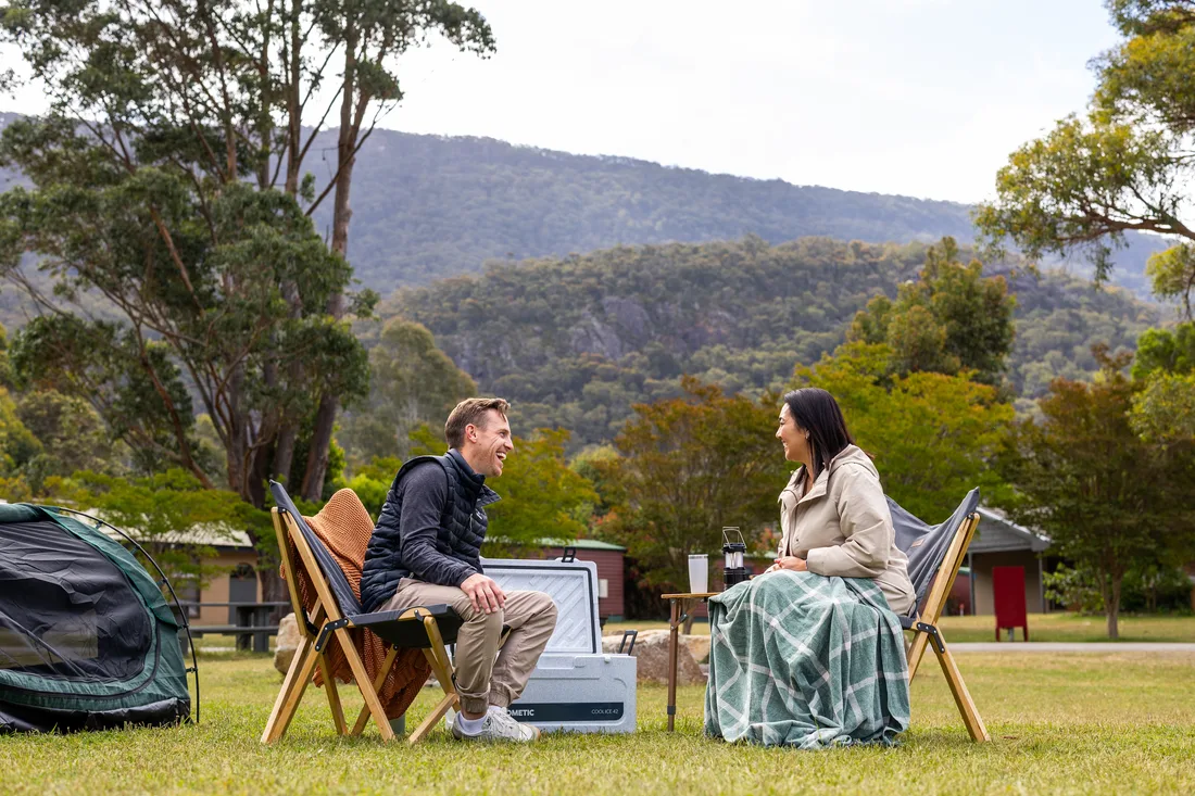 Couple camping in winter