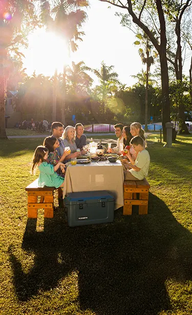 Group of people enjoying a picnic in a holiday park
