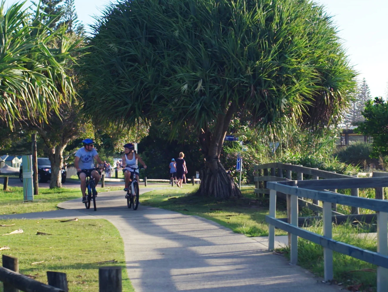 People riding bikes along path