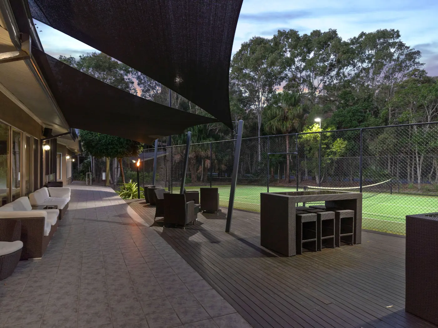 Seating area by the tennis courts