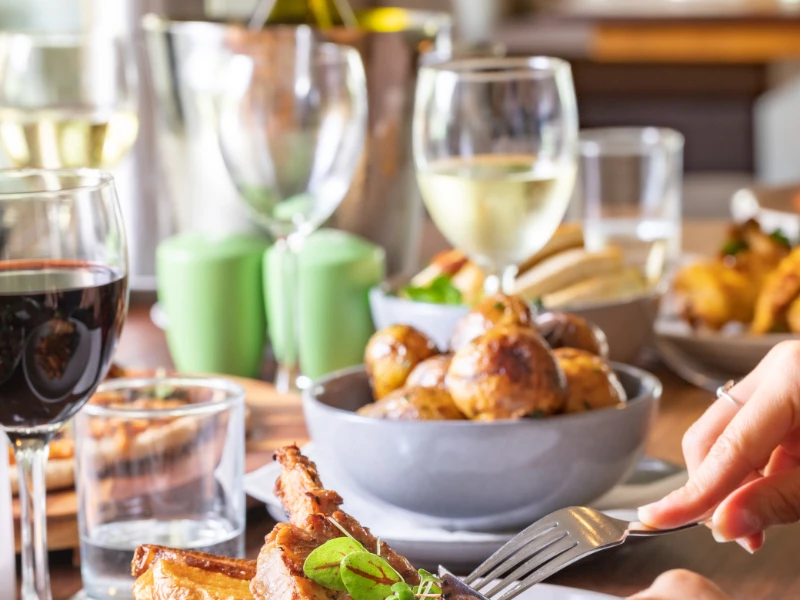 Food and wine on a table at the restaurant