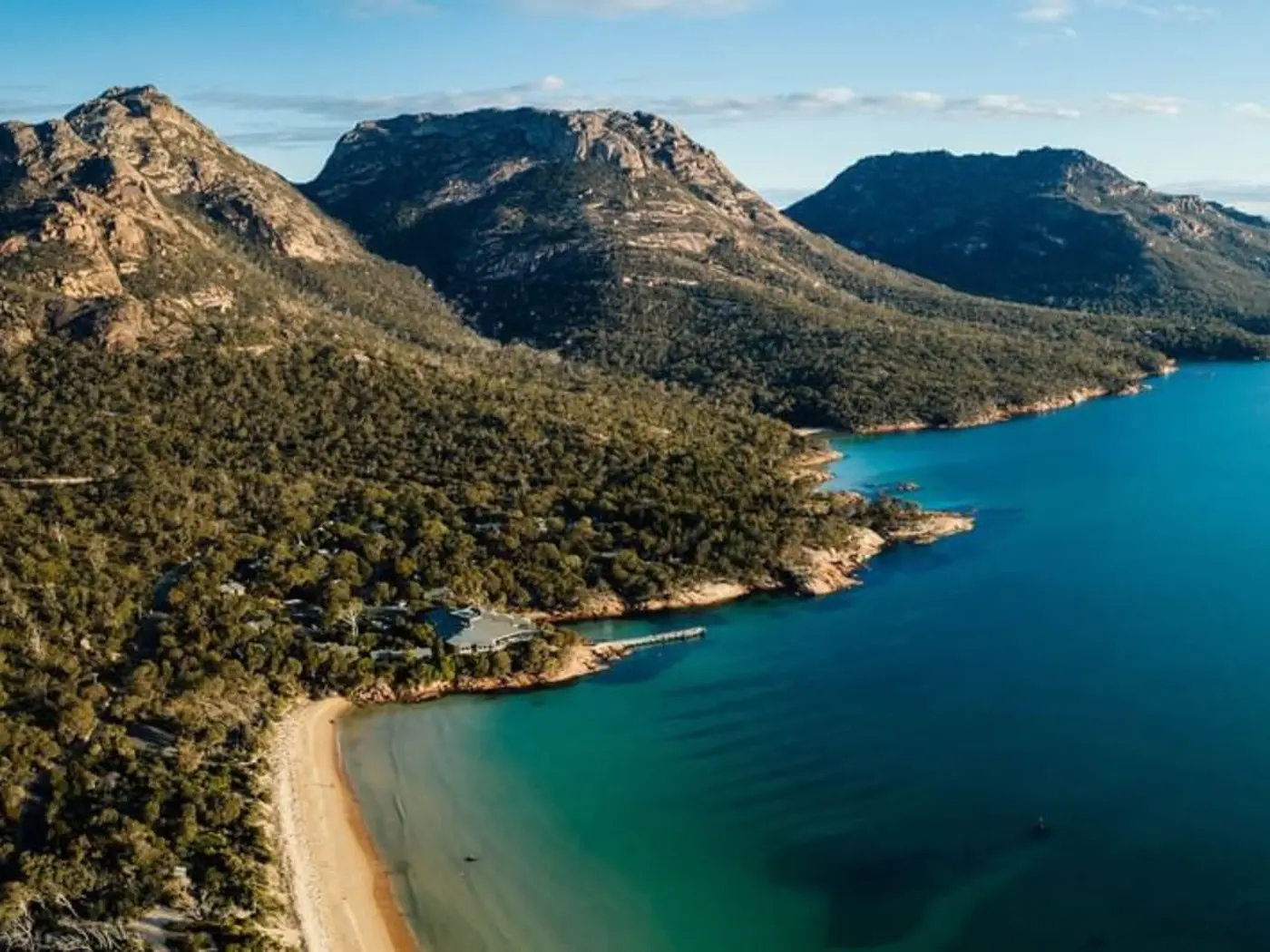 Aerial view of Freycinet National Park and Freycinet Lodge