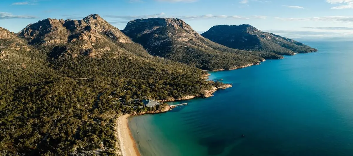 Aerial view of Freycinet National Park and Freycinet Lodge