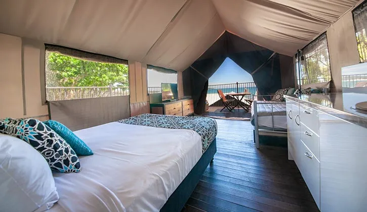 interior of a glamping safari tent in an Agnes Water holiday park