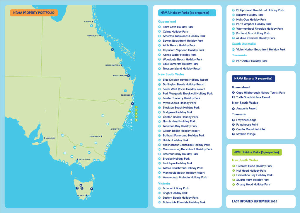 Map of Australia with all the NRMA parks pinned