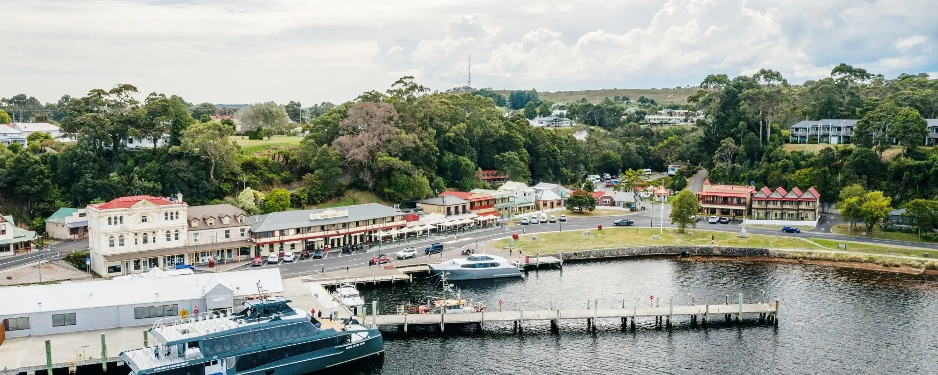 Aerial view of Strahan Village and The Kitchen