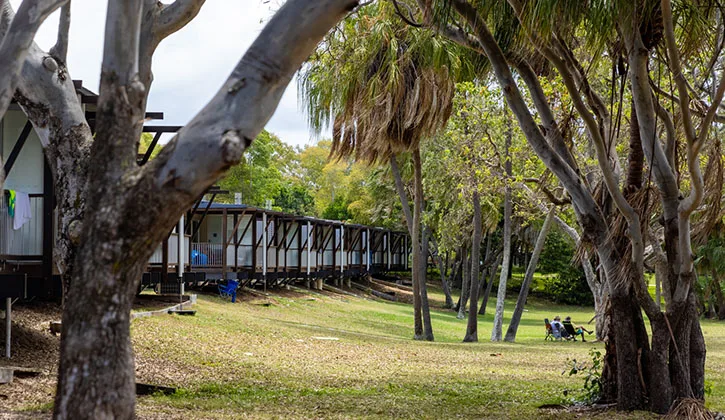 Cabin accommodation overlooking a large grassy area inside NRMA Agnes Beach Holiday Park
