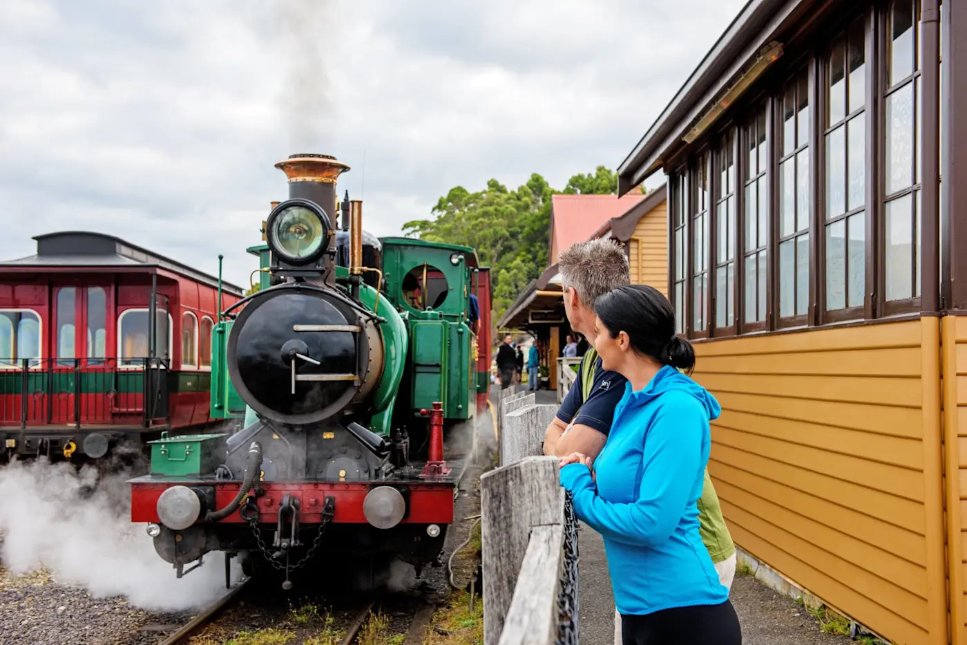 A couple at the train station near Strahan Village