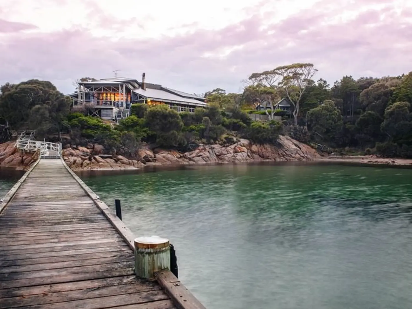 Landscape view of Jetty with the Great Oyster Bay at Freycinet Lodge
