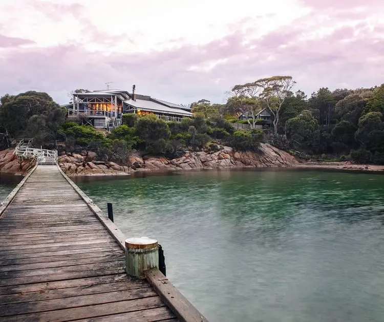Landscape view of Jetty with the Great Oyster Bay at Freycinet Lodge