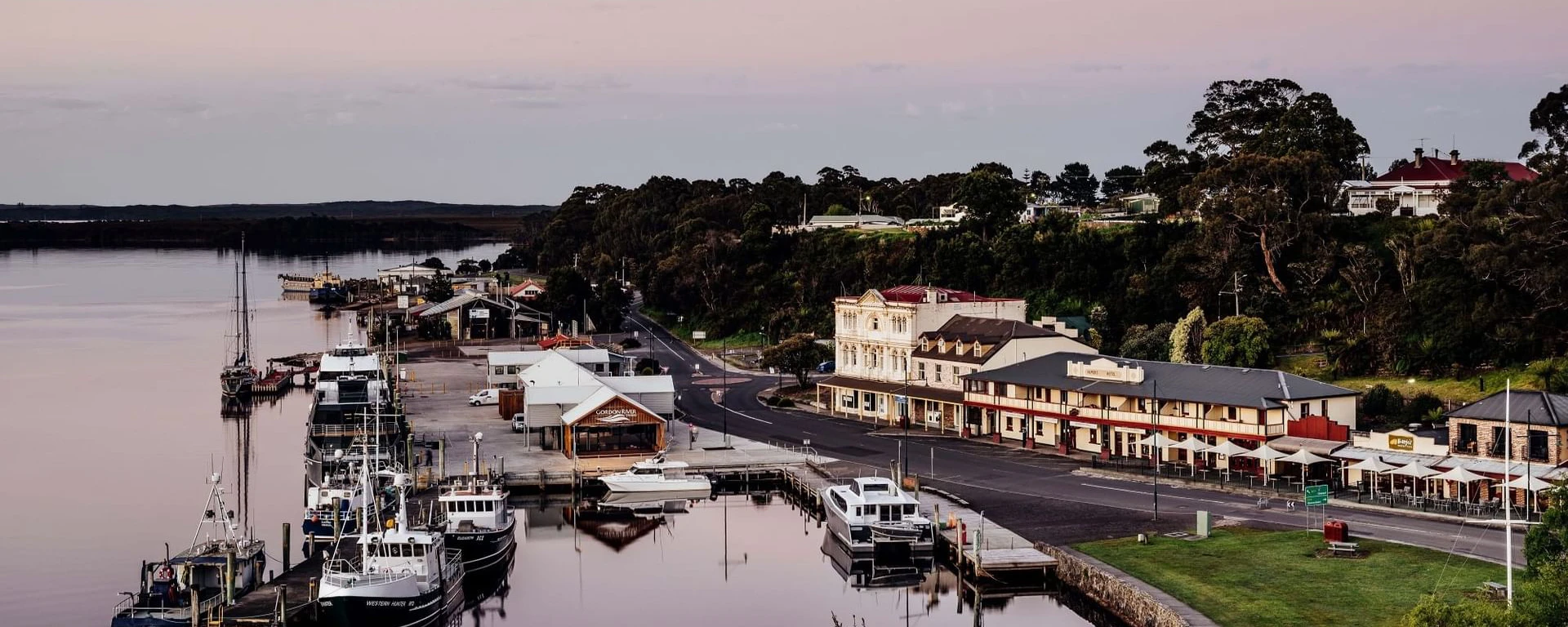 View of Hilltop Harbor from Strahan near Gordon River Cruise