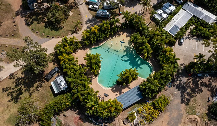 725x420 Airlie Beach Holiday Park swimming pool drone