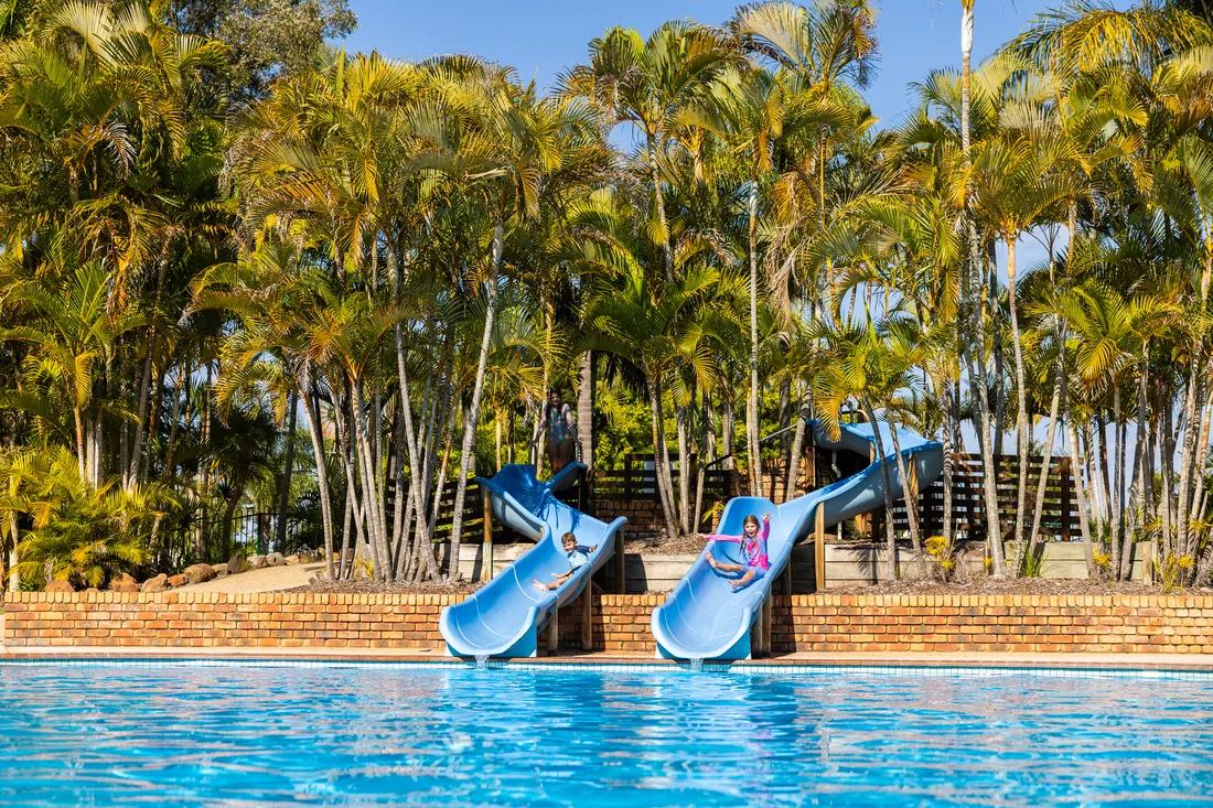 Twin water slides Blue Dolphin Holiday Resort, Yamba NSW