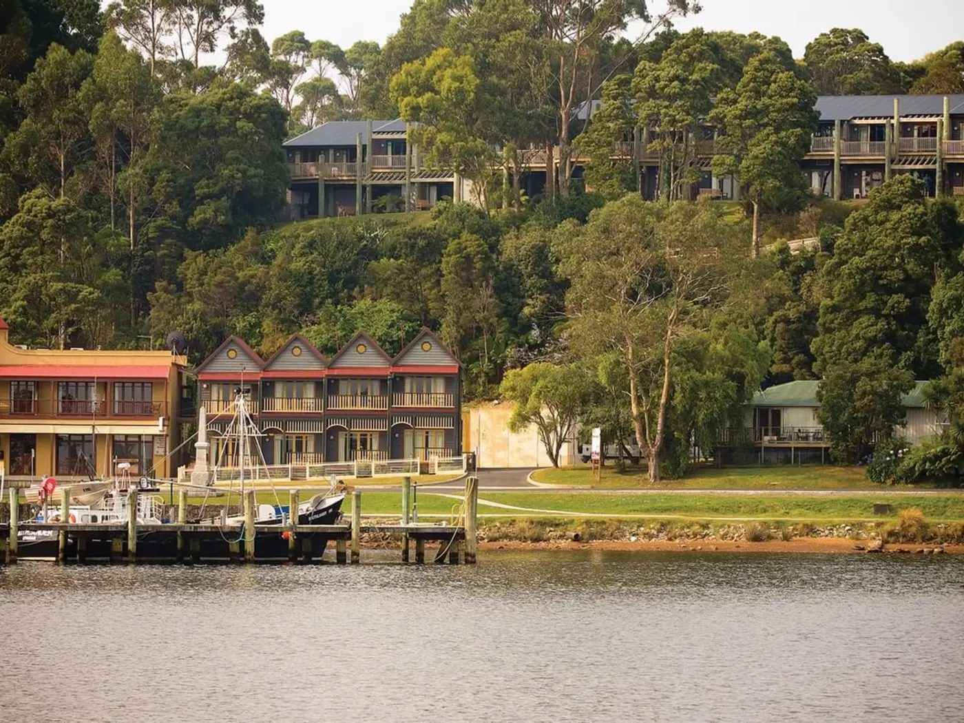 An Exterior view of the hotel & jetty at Strahan Village